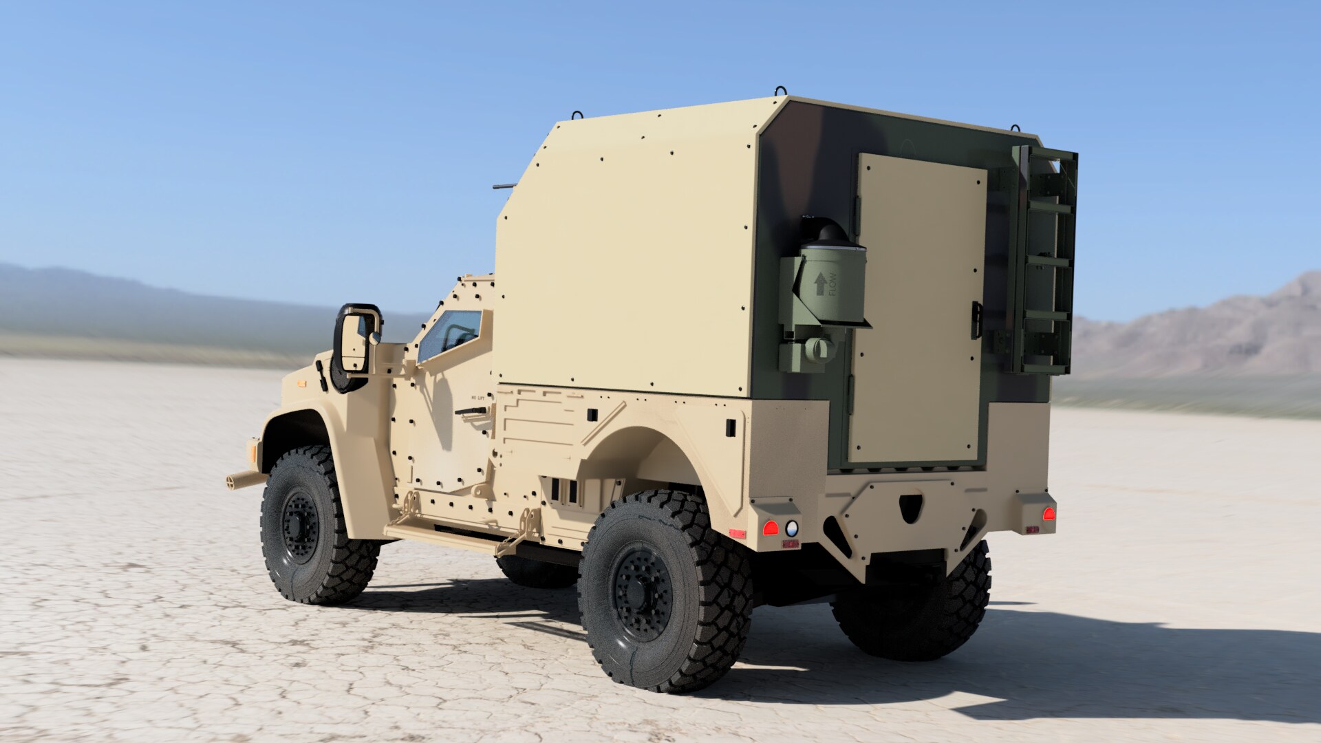 Rear view of a JLTV-mounted MilBESS 100 with the cylindrical CBR air-filtration unit visible